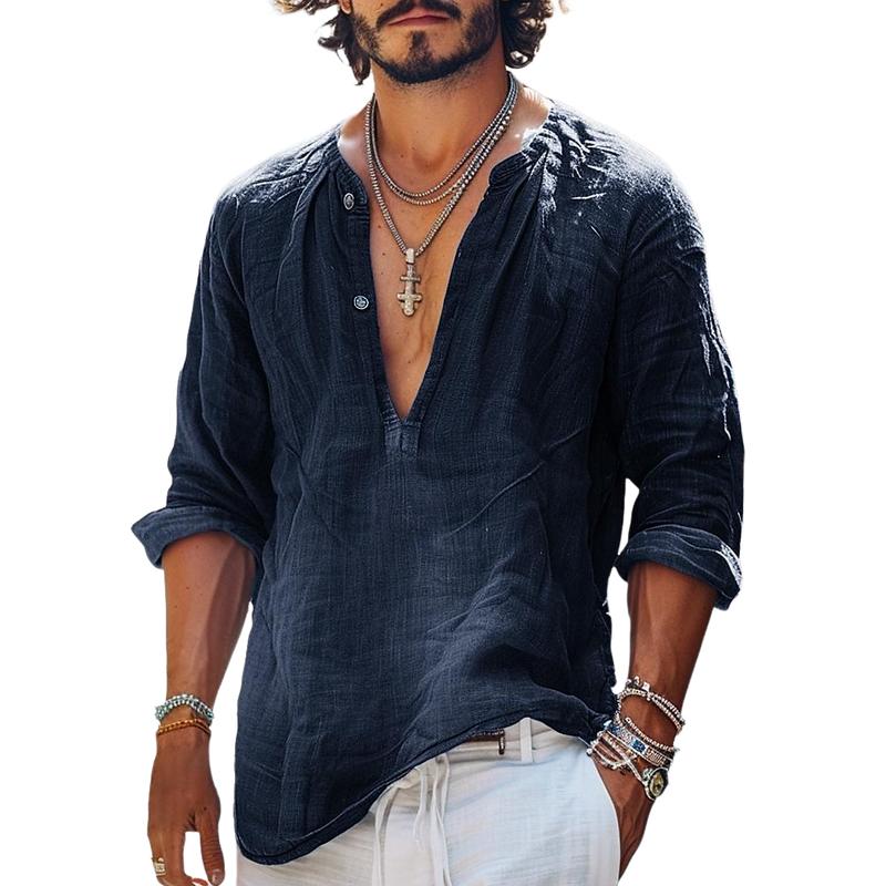 Heren Vintage Overhemd met Knopen V-Hals met Lange Mouwen 16011016Y