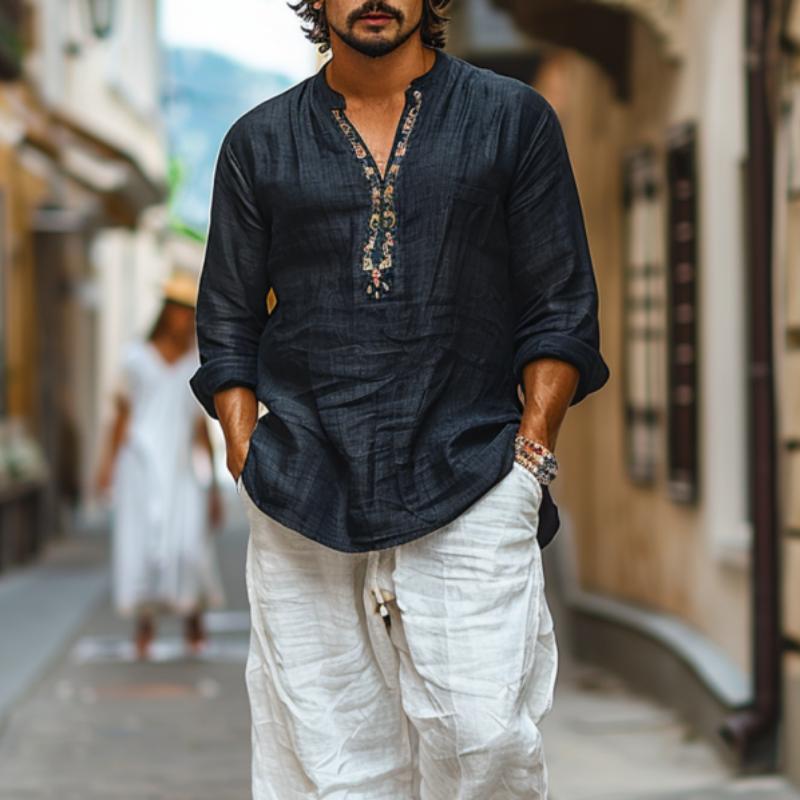 Heren overhemd van katoen en linnen, ademend, met print, met V-hals, lange mouw 44077225Y