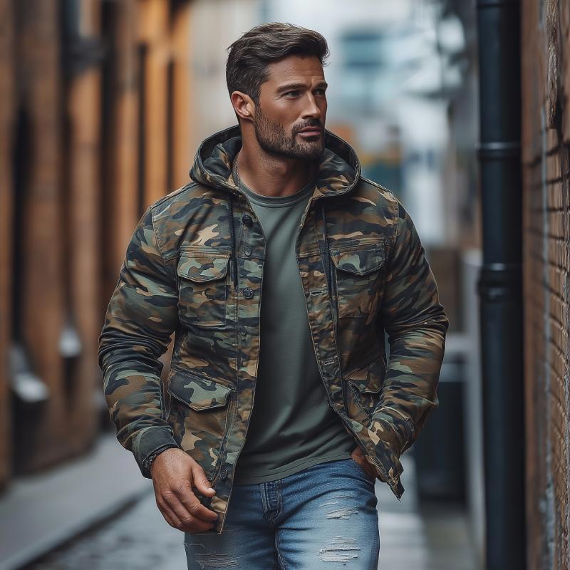Heren Casual Camouflage Jacket met Capuchon en Veel Zakjes, Effen 42185129M
