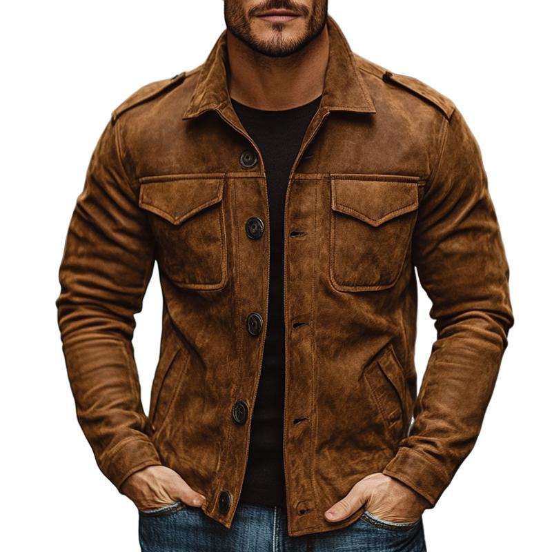 Heren Vintage Casual Suede Jas met Knopzakken 10887222TO