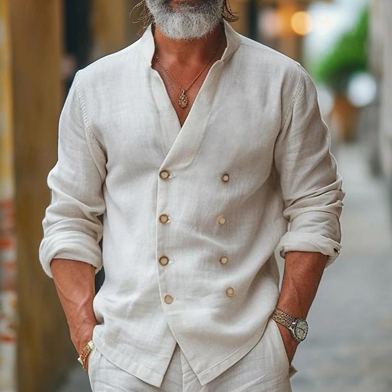 Heren overhemd van katoen en linnen met een staande kraag, dubbel knoopsluiting, met lange mouwen 17140848Z