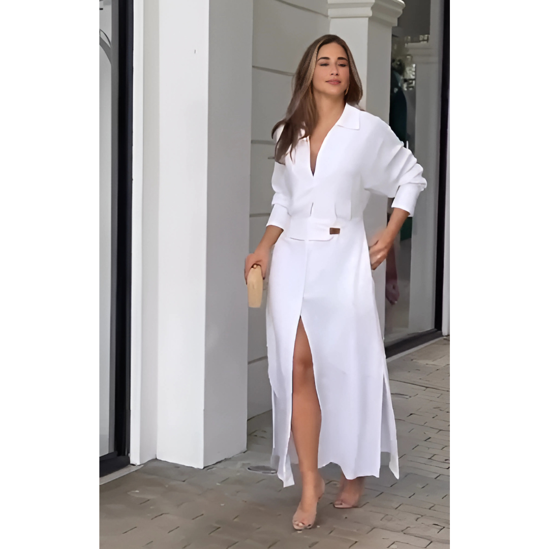 Barbara | Maxi-jurk van katoen en linnen met knopen en een riem in de taille