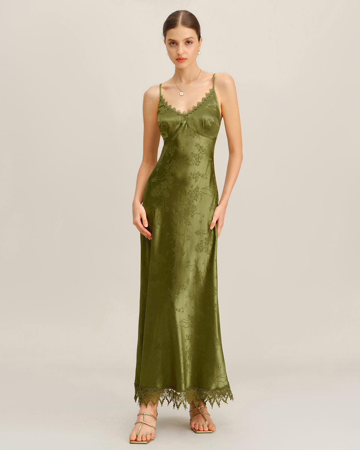 Groene Jacquard Korset Slip Maxi Jurk